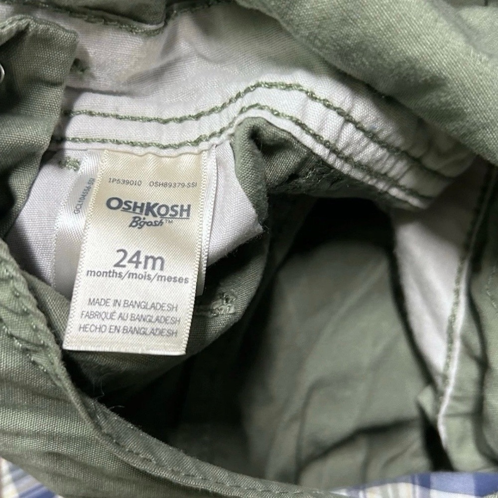 Oshkosh B’gosh Green Khaki Overalls Plaid Lining Size 18-24 Months - Picture 2 of 4